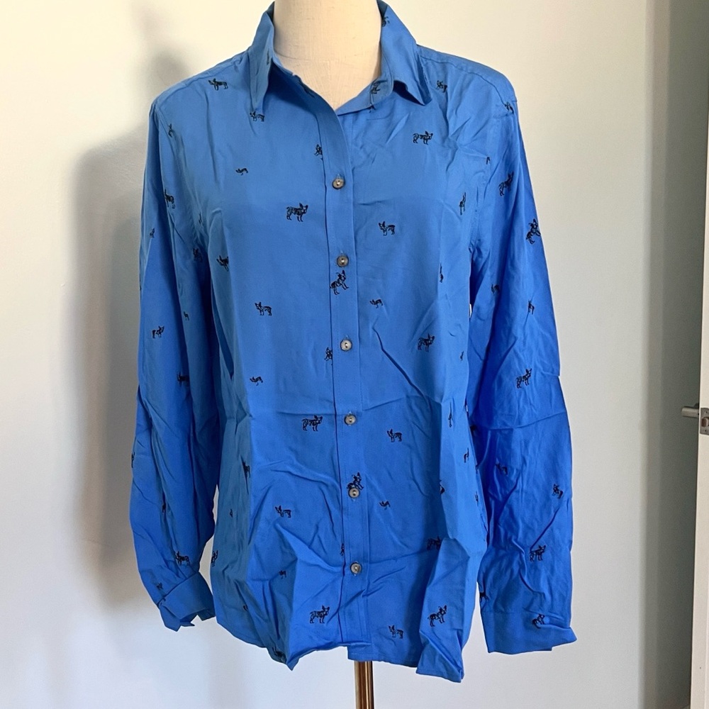 Jane Delancey Blue French Bulldog Print Button Down Blouse Rayon Dog Top,Size M - Picture 2 of 8